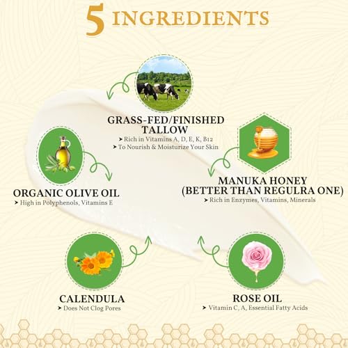 Beef Tallow for Skin 2oz | Tallow And Manuka Honey Balm | Unscented Tallow Face Moisturizer | Beef Tallow for Face | Organic Grass Fed Beef Tallow Balm | Whipped Beef Tallow Lotion Face Cream