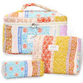 3Pcs Quilted Makeup Bag - Cotton Large Floral Makeup Bag, Travel Cosmetic Bag Cute Flower Aesthetic Floral Toiletry Organizer Bag Set for Women (08Yellow-Red)