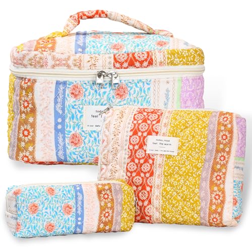 3Pcs Quilted Makeup Bag - Cotton Large Floral Makeup Bag, Travel Cosmetic Bag Cute Flower Aesthetic Floral Toiletry Organizer Bag Set for Women (08Yellow-Red)