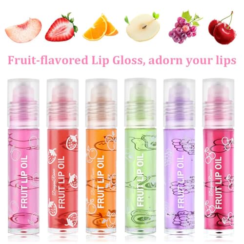 6PCS Roll-On Lip Oil Set,Fruit Flavored Lip Gloss Set,Long Lasting Moisturizing Lip Balm,Transparent Lip Gloss Glossy Lip Make-up,Best Gift