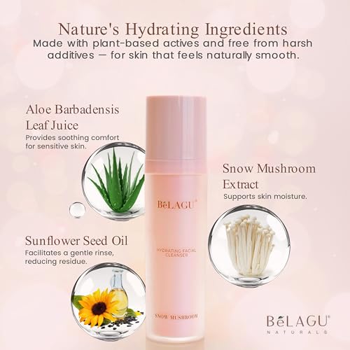 BeLAGU Hydrating Facial Cleanser with Squalane - Gentle Water Based Cleanser and Face Wash for Sensitive Dry or Oily Skin - Natural Daily Cleansing to Hydrate and Calm Clean Balanced Skin - 4.1 fl oz