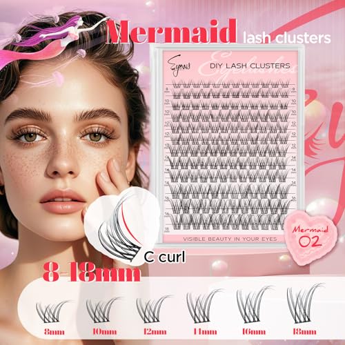 Mermaid Lash Clusters Kit Eyelash Extension Kit 144pcs C Curl Natural Wispy Lash Clusters DIY Ultra-Thin Band Eyelash Clusters with Tools,Salon-Effect Individual Lashes(Mermaid 02 kit,8-18mm£©