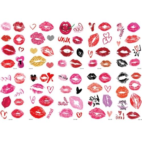 Lip Prints Temporary Tattoos Mixed Styles Lip Tattoo Fake Tattoos Stickers Kiss Prints Face Tattoo Waterproof Face Tattoo Pink Valentine's Day Decoration for Women 10 Sheets