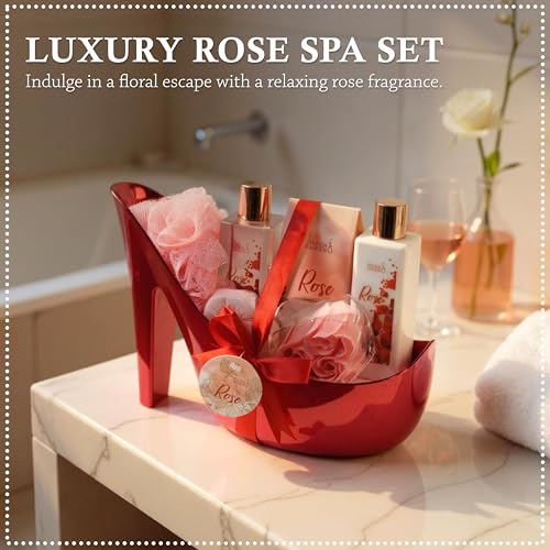 Freida & Joe Elegant Bath Set in High Heel Shoe ? Luxurious Spa Gift Basket for Women, Includes Shower Gel, Body Lotion, Bath Salts, Soap Flowers, Bath Fizzer & Sponge (Rose) ? Mother's Day Gift