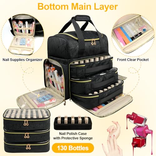 Nail Polish Organizer Backpack Holds 130 Bottles (15ml/0.5fl.oz)& Nail Lamp, Extra Large Nail Kit Storage Bag with 3 Removable Carrying Cases, Nail Tech Supplies Organizer Case for Women Black