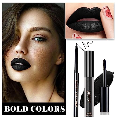 3Pcs Black Matte Liquid Lipstick,Lip Liner,Lip Gloss Trio Lip Set Waterproof Long-Lasting Moisturizing Velvety Lip Stain One Step Lips Makeup Kits Goth Makeup