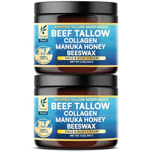 Organic Beef Tallow for Skin, Organic Grass-Fed Beef Tallow Balm with Manuka Honey, Aloe Vera, Jojoba Oil, Collagen & Beeswax, Olive Oil, Moisturizer for Dry Skin, Nourishes Face, Body & Lips (2 Pack)