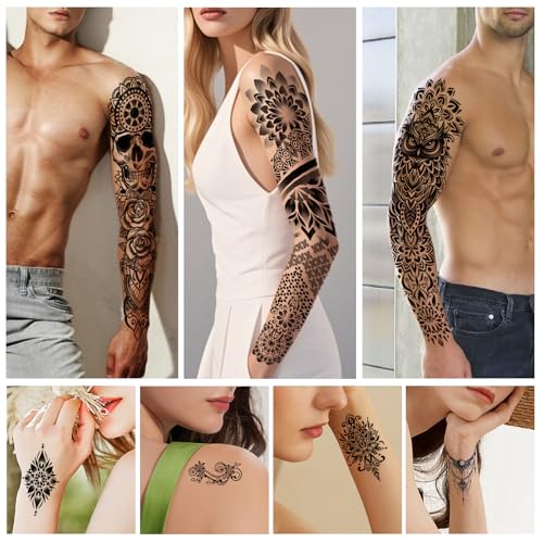 48 Sheets Mandala Flower Bohemia Full Arm Sleeve Temporary Tattoos for Women Girls, Skull Owl Black Fake Tattoos Neck Chest Arm Stickers Waterproof