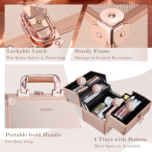 FRENESSA Makeup Train Case Makeup Case Travel Cosmetic Box Organizer Portable Make Up Box with Dividers Lockable for Artist Nail Sewing Vanity Storage Makeup Travel Case Rose Gold