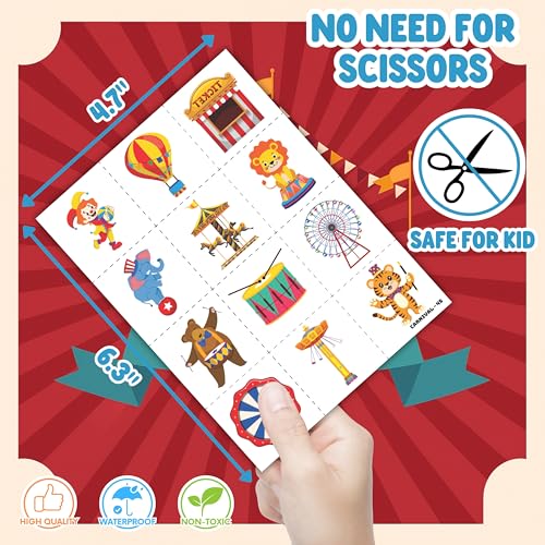 72PCS Carnival Party Set 48PCS Temporary Tattoos & 24PCS Slap Bracelets Fun Circus Themed Birthday Supplies, Baby Shower Gifts, Classroom Rewards & Party Decor for Kids Boys & Girls
