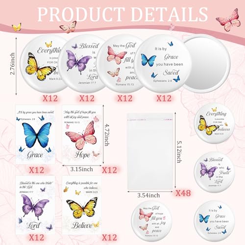 Leinuosen 48 Set International Womens Day Gifts Christian Compact Mirrors Gifts for Women Bulk with Bible Verse Greeting Cards Mini Pocket Makeup Mirrors Inspirational Religious Church Party Favors