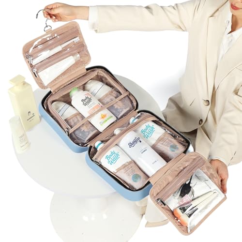 NISHEL Travel Toiletry Bag for women, Portable Hanging Organizer for Family-Sized Shampoo, Conditioner, Brushes Set, Makeup Accessories, Extra Large Size, Placid-Blue