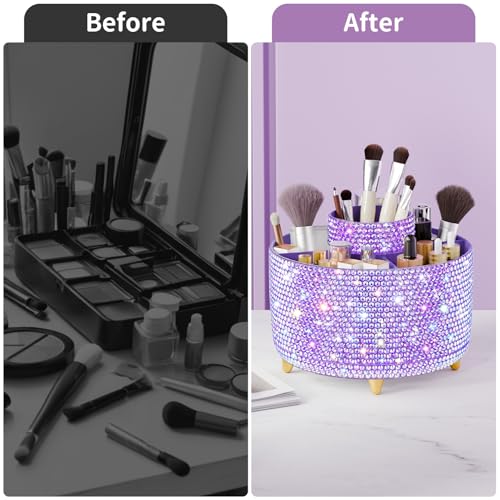 Bling 360¡Æ Rotate Makeup Brush Holder Organizer, Makeup Organizers Countertop, Makeup organization and Skincare Storage for Vanity, Gift for Women Girls (Bling dz-Purple)
