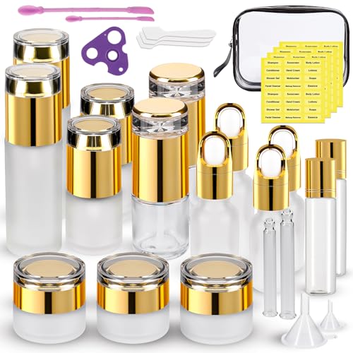 30 Pack TSA Approved Glass Travel Skincare Containers, 1.3/1/0.7/0.3oz Refillable Traveling Size Containers with Pump, Jars & Essential Oil Bottle in Clear Zip Bag, Leak-Proof for Creams & Liquids