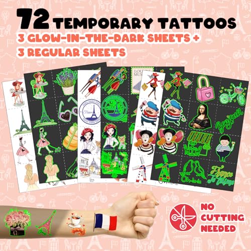 96 PCS Paris Party Favors Set ? 72 Pre-Cut Temporary Tattoos & 24 Slap Bracelets, Perfect for Romantic Birthdays & French-Themed Celebrations
