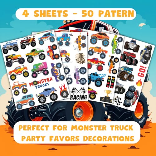 50 PCS Monster Trucks Temporary Tattoos for Kids, Monster Truck Fake Tattoos for Birthday Party Supplies Racing Car Checkered Flag Trophy Flame Tattoo Stickers for Kids Boys Girls Party Bag Filler