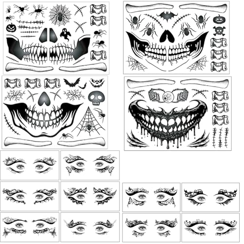 Halloween Face Eye Tattoo Stickers Black Butterfly Eye Shadow Devil Face Skeleton Mouth Spider Web Temporary Tattoo Stickers for Makeup Halloween Masquerade Carnival Party Face Decoration 14 Sheets