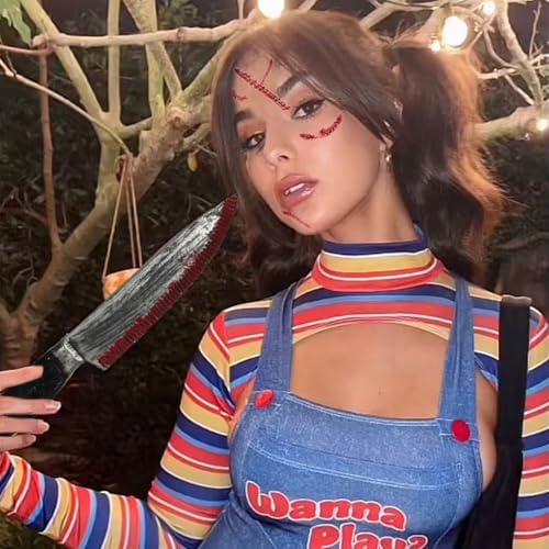 Chucky Makeup Kit Halloween Scars Fake Stitches Chucky Knife Toy Chucky Tattoo Halloween Face Scar Tattoo Temporary Chucky Costume Accessories for Halloween Party, Red
