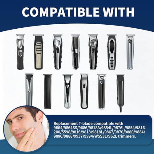 Black Replacement T-Blade with 3 Guards Compatible with Wahl 9864/9864SS/9686/9818A/9854L/9876L/9854/WSS3L/SS2L etc Trimmers.