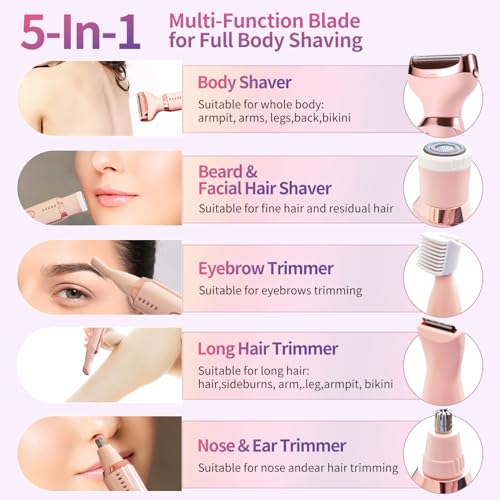 Electric Razors for Women, 5 in 1 Painless Ladies Wet & Dry Body Razors and Facial Hair Remover, Rechargeable Facial and Body Hair Remover for Face Nose Eyebrow Arms Armpit Legs Pubic Area (Pink)