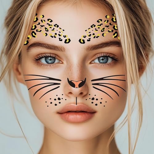 8 Sheets Leopard Face Tattoos Halloween Leopard Makeup Decorations Fake Cheetah Face Temporary Tattoos for Women Girls Halloween Parties Cosplay Accessories