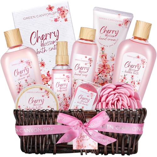 Green Canyon Spa Gifts for Women 11 Pcs Cherry Blossom Spa Gift Baskets Luxurious Birthday Gift for Mom Her Friend Sister Wife Mothers Day Gifts for Her Bath and Body Gift Sets Presents for Her