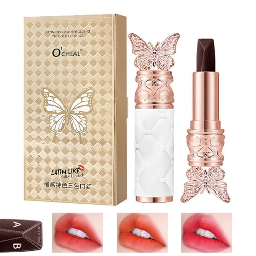 3 Colors In 1 Lipstick, Glossy Silky Feeling Lip Colors, High Pigmented, Exquisite Butterfly Appearance, Long Lasting Moisturizing One Lipstick Three Colors