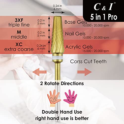 C & I 5 in 1 Nail Drill Bit, Mixed Sizes Edition, Cross Teeth, 2 Way, Professional Multi-function Nail Drills for Electric Manicure Drill Machine, Shank 3/32¡± (Pro)