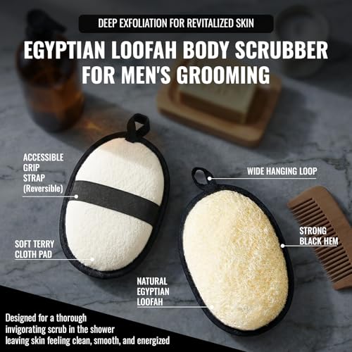Natural Loofah for Men, 2PCS Black & White Set Egyptian Luffa Body Scrubber for Shower & Bath, Quick-Drying Exfoliating Sponge Pad for Men's Hygiene & Body Care - Travel Essentials & Gym Tool