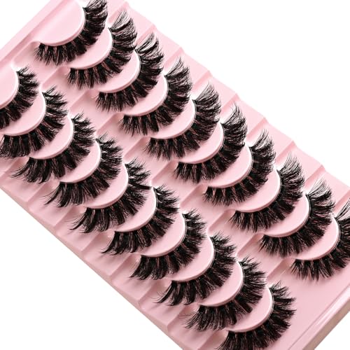 Lashes False Wispy Eyelashes Natural Volume Cat Eye Lash Strips Thick Fake Mink Eyelash Pack Natural Looking Fluffy Full Strip Lashes Set Clear Band Easy Eyelashes for Beginners