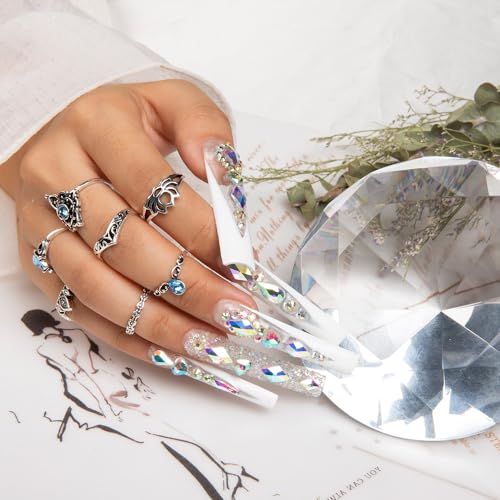 LOVFUL Press on Nails Candy Diamonds & White French Tip | Luxury Spring French Tip Glossy Press On Nails with Bling | Square Long 2.2 in | H36 (L)