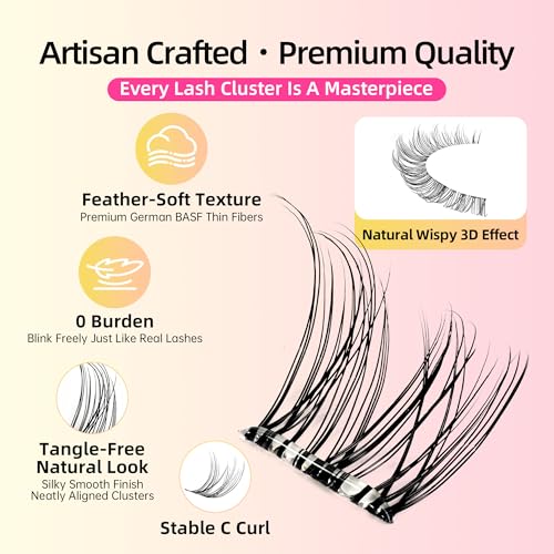 Self-Adhesive Lashes with C Curl Natural Look, 24H Strong Hold, Press On Eyelash Clusters with Invisible Band, Reusable, No Glue/Remover Needed, Beginner Friendly, FayJoo AIRY 12 Pre Glued