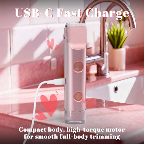 Bikini Trimmer for Women ? Dual-Head Electric Razor, IP67 Waterproof USB-C Rechargeable Shaver for Bikini Line, Underarms, Legs & Face, Rose Gold Stocking Stuffer Holiday Gift