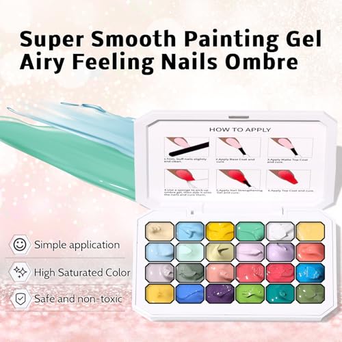 Sponges Pat Gel Nail Polish Palette, 24 Colors Blending Ombre Gel Polish Patting Gradient Painting Nails Art, No Wipe, UV/LED Cured, 100Sponges 1Grabber (Set A)