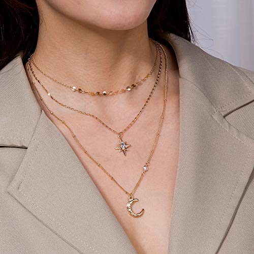 Boho Simple Gold Moon and Star Sequins Layered Necklace Dainty Pearls Chain Moon Pendant Long Necklaces Jewelry for Women
