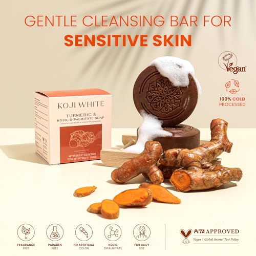 Koji White Turmeric Kojic Acid Soap, Unscented Soap for Sensitive Skin, Uneven Skin Tone, Smooth Skin for Face & Body-Acne with Shea Butter - Vegan, Fragrance-Free, Hypoallergenic, 2.82 oz (2 Bars)