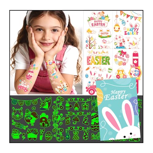 Partywind Glow Easter Basket Stuffers for Kids, 120+ Styles Temporary Tattoos for Kids Spring Party Decorations Supplies Favors, Easter Egg Hunt Games Activities Goodie Bag Stuffers