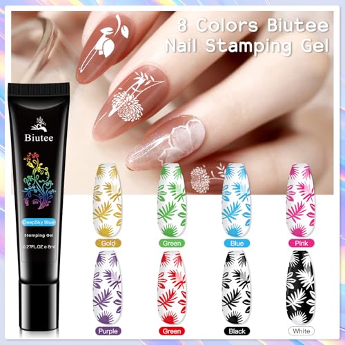 Biutee Nail Stamping Kit 12Pcs Nail Art Stamp Plates 8 Colors Stamping Polish Gel Silicone Stamper Scraper with Storage Bag, Nail Stamping Plate Lace Star Rose Plaid TemplateHoliday Design Gift