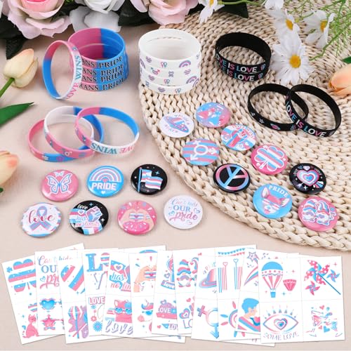 80 Pcs Transgender Pride Accessories,48 Trans Pride Temporary Tattoos 16 Badge Pins Buttons and 16 Silicone Bracelets Wristband Bulk for Trans Pride Month Parade Celebration Party Favors
