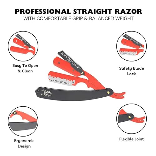 Black Widow Professional Barber Straight Edge Razor ? Stainless Steel Shavette, 1.5 mm Blade Exposure, Matte Black & Red, 10 Double Edge Blades (20 Single-Edge) for Lineups & Beard Shaping