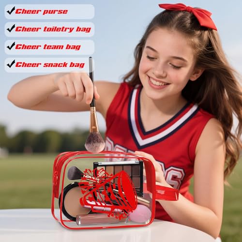 Kacctyen 12 Pcs Cheer Makeup Bag Cheer Gifts Bulk for Team 7 x 5.5 x 1.8 '' Cosmetic Bag with Handle Cheerleader PVC Makeup Case Clear Toiletry Zipper Pouch for Cheerleading Party Supplies, Red