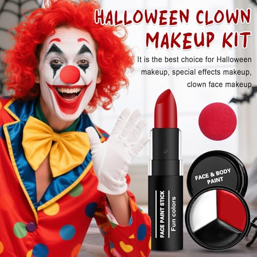 Halloween Joker Clown Makeup Kit, White Black Red Face Body Paint with Red Clown Nose, Professional Halloween SFX Cosplay Makeup Kit for Adults