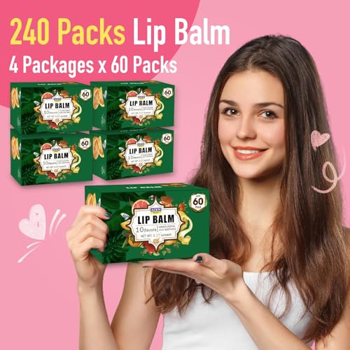 AZEN 240 Pack Lip Balm, Natural Lip Balm Bulk, Lip Care Product, Moisturizing Lip Balms for dry cracked lips, Valentines Gifts Easter Basket Stuffers - 10 Flavors