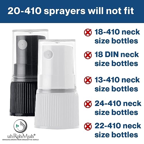 uh*Roh*Muh 20-410 Fine Mist Spray Caps (Pack of 50) Black - Neck Size Ribbed Skirt Spray Bottle Tops Replacement - Perfect for Hair, Skincare and Cleaning Solutions, Clear Plastic Overcap Included