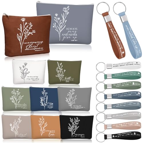 Fumete 40pcs Christian Gifts Bulk for Women Inspirational Bible Keychains and Boho Canvas Makeup Bags Religious Easter Gifts for Church Sunday School Teacher (Boho Color)