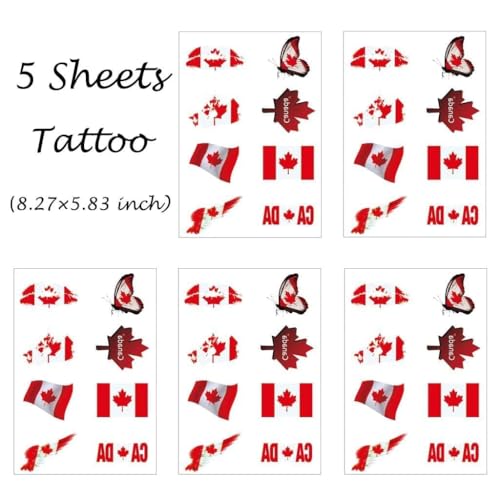 CARGEN Canada Flag Temporary Tattoos - 5 Sheets 8 Patterns Tattoos for Canada Day Canadian Football Match World Cup Ball Game Great on Arm Face Shoulder for Kids Adults Party Festival