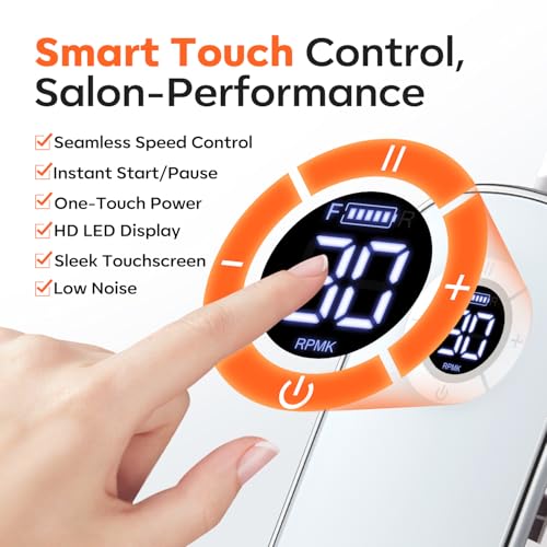 Modelones Professional Electric Nail Drill, 42000 RPM Portable Cordless Touchscreen 10h+ Runtime Rechargeable Nail Drill Kit with Storage Stand and 6 Drill Bits for Acrylic Nails Gel Removal