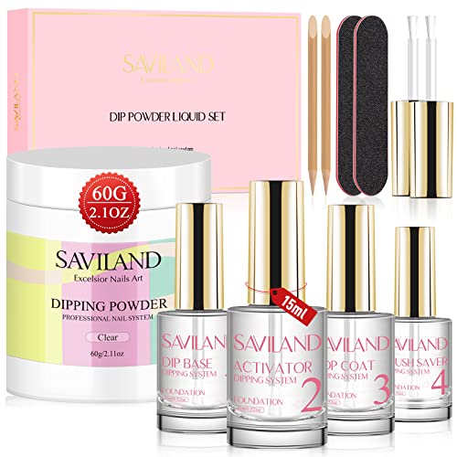 Saviland 60g Clear Dip Powder & 15ml Liquid Set with Base/Top Coat, Activator, Brush Saver, Nail File Necessary Tools for Dip Powder Nail Set No Nail Lamp Needed, Beautiful Gift for Ladies