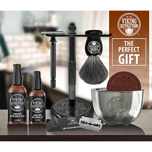Viking Revolution Luxury Safety Razor Shaving Kit - Includes Double Edge Safety Razor, Stand, Bowl, After-Shave Balm, Pre-Shave Oil, Badger Brush - Safety Razor Kit