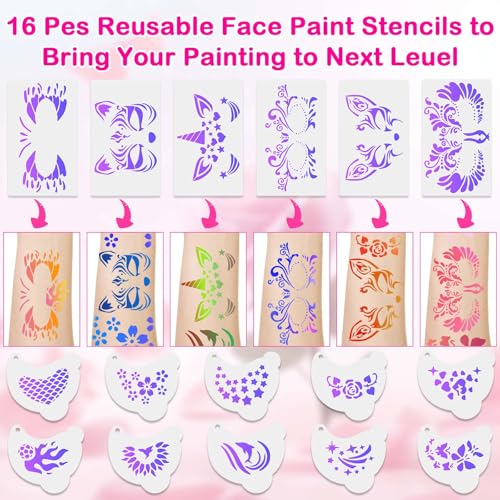 Professional Face Painting Kit for Kids and Adults ? 54 Color Water Activated Cosplay Makeup Kit, Non-Toxic Body Paint with Stencils, Gems, Brushes? for Halloween FX, Bday Parties, School Event